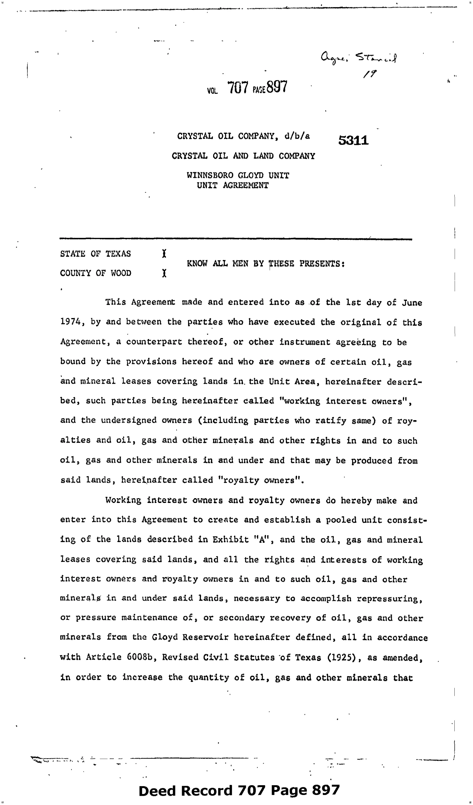 Crystal Oil & Land Co - Recorded Agreement (Vol. 707, Page 897)