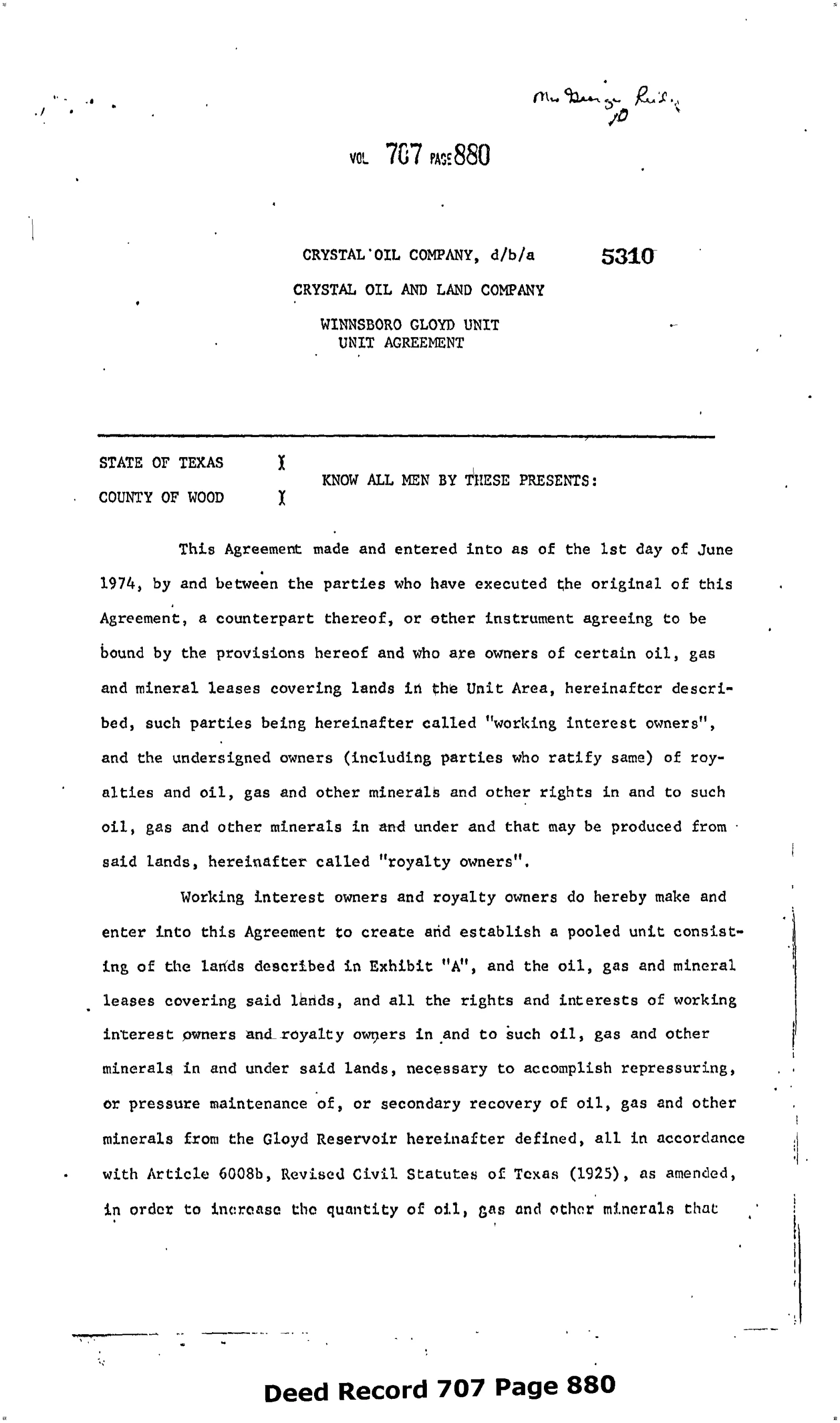 Crystal Oil & Land Co - Recorded Agreement (Vol. 707, Page 880)